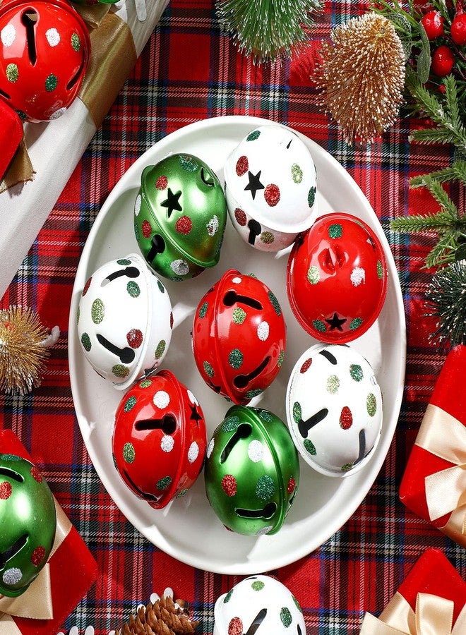 Simgoing 12 Pcs Large Christmas Jingle Bells with Ribbon 2.4 Inch Metal Cutout Craft Bells Lime Green Glitter Dot Red Green Christmas Tree Ornaments Xmas Hanging Decor for Holiday Wreath Garland DIY Decor - Image 5